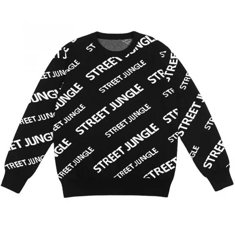Black crewneck sweater covered with diagonal white lettering.