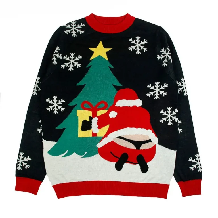 Black Christmas sweater with Santa, a green tree and white snowflakes.